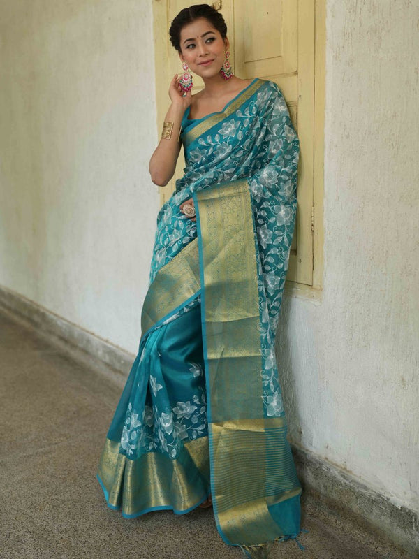 Banarasee Handwoven Broad Border Tissue Saree With Embroidered Jaal Design-Blue