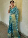 Banarasee Handwoven Broad Border Tissue Saree With Embroidered Jaal Design-Blue