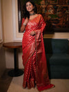 Banarasee Handwoven Semi Silk Saree With Zari Design & Lace-Red