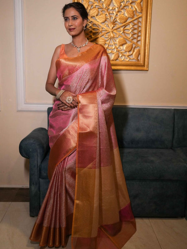 Banarasee Handwoven Tissue Saree With Zari Jaal Design & Contrast Broder-Pink & Yellow