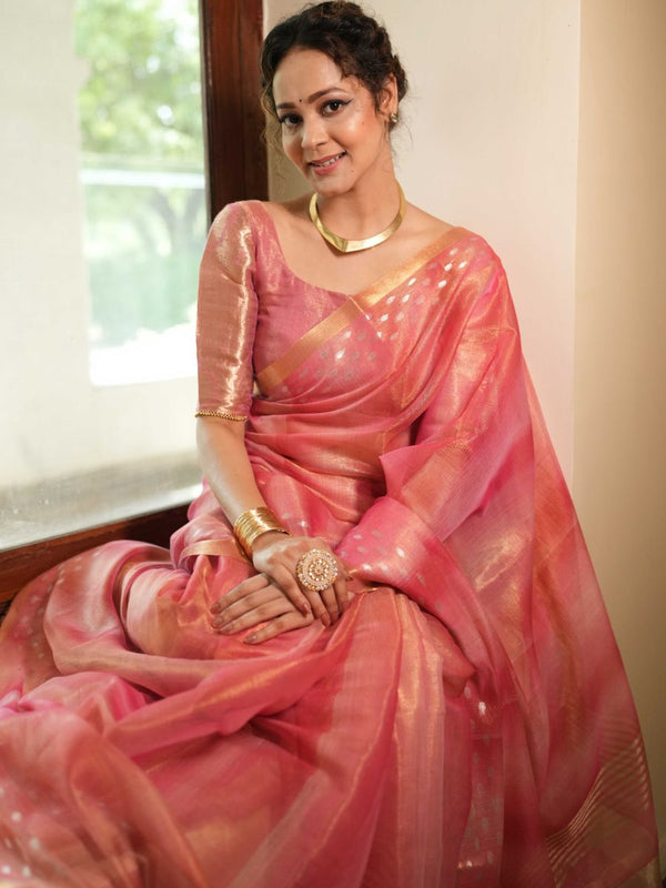 Banarasee Handwoven Shaded Tissue Saree With Gold Zari Border-Pink