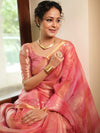 Banarasee Handwoven Shaded Tissue Saree With Gold Zari Border-Pink