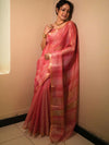 Banarasee Handwoven Shaded Tissue Saree With Gold Zari Border-Pink