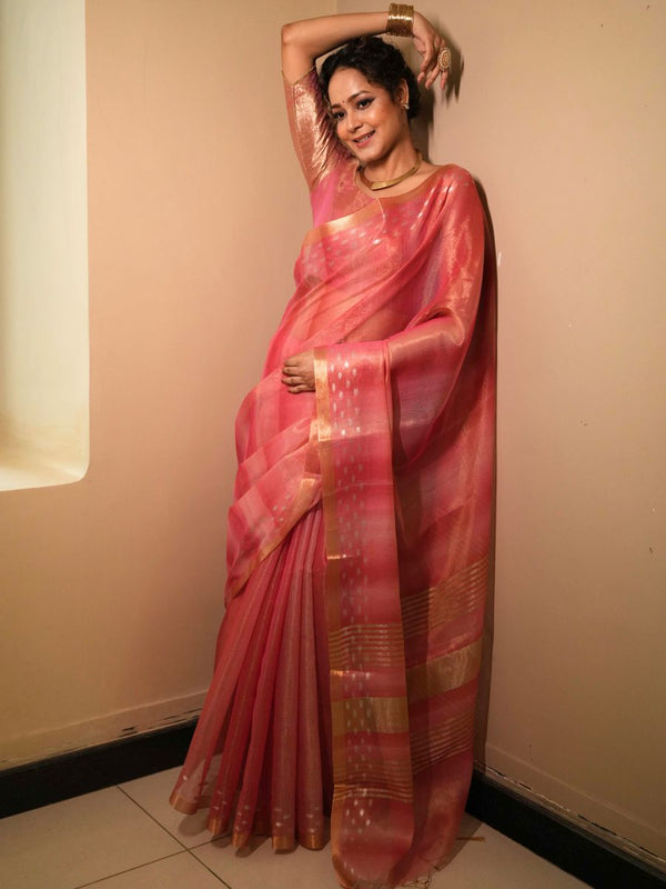 Banarasee Handwoven Shaded Tissue Saree With Gold Zari Border-Pink