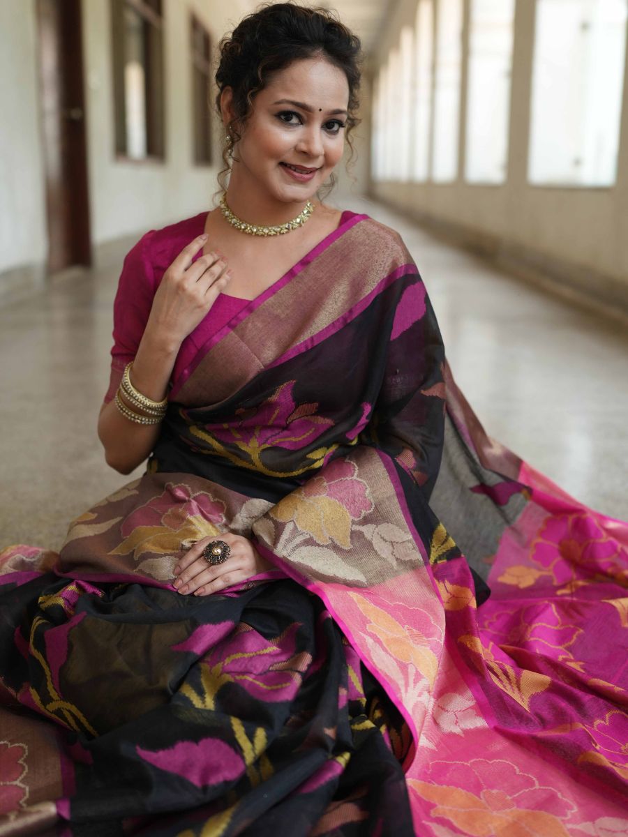 Banarasee Cotton Silk Saree With Resham Work & Pallu-Black & Pink