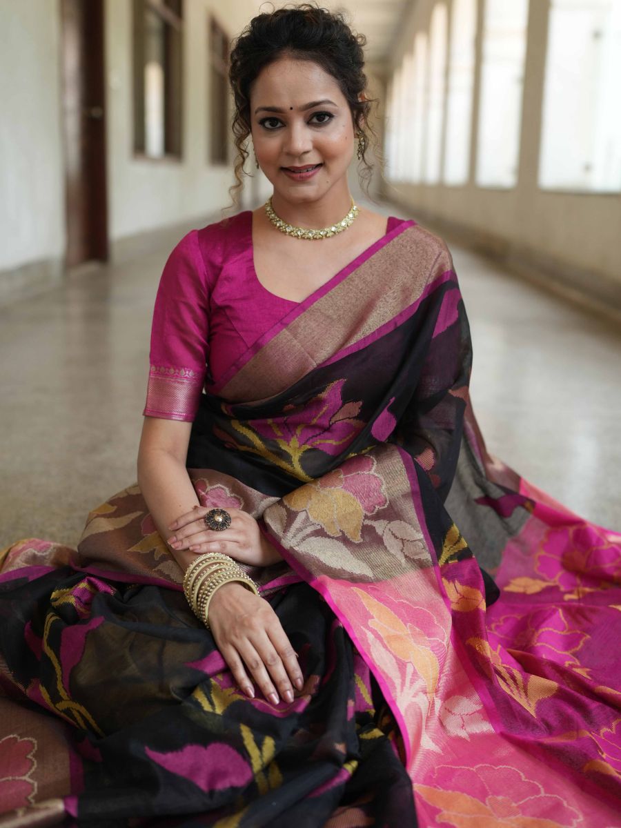 Banarasee Cotton Silk Saree With Resham Work & Pallu-Black & Pink
