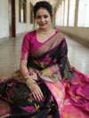 Banarasee Cotton Silk Saree With Resham Work & Pallu-Black & Pink
