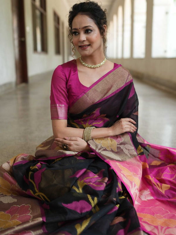 Banarasee Cotton Silk Saree With Resham Work & Pallu-Black & Pink