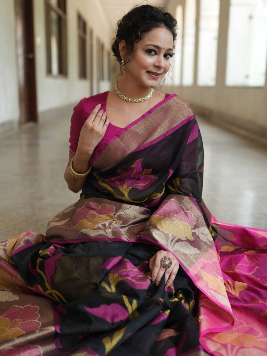Banarasee Cotton Silk Saree With Resham Work & Pallu-Black & Pink