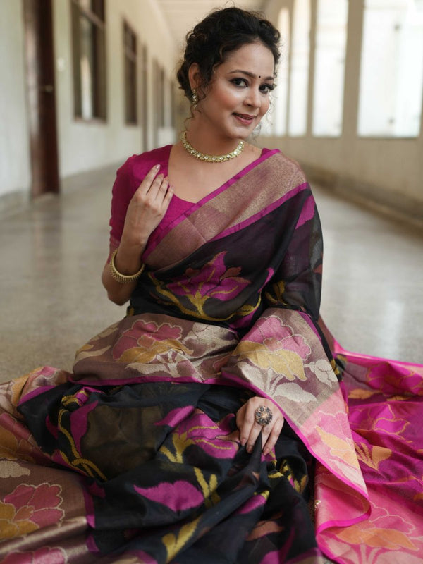 Banarasee Cotton Silk Saree With Resham Work & Pallu-Black & Pink