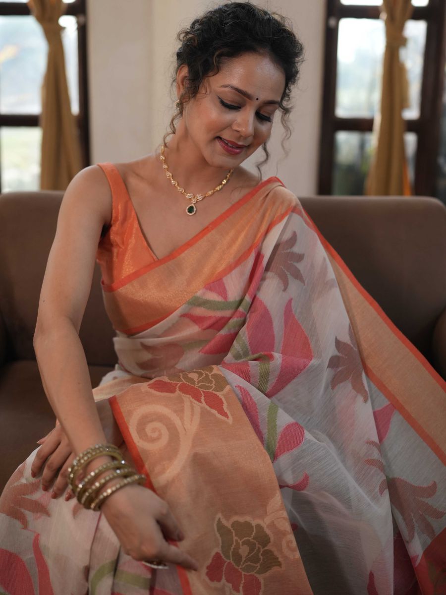 Banarasee Cotton Silk Saree With Resham Work & Pallu-Cream & Peach