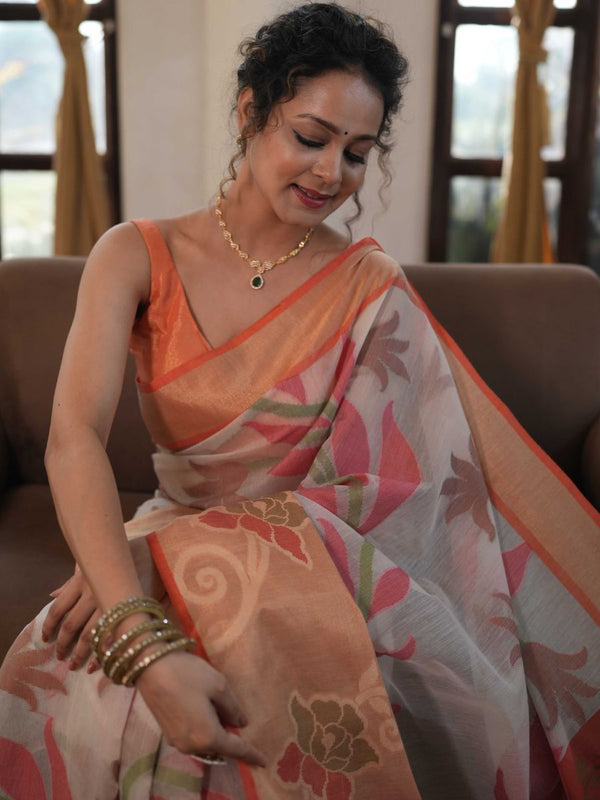 Banarasee Cotton Silk Saree With Resham Work & Pallu-Cream & Peach