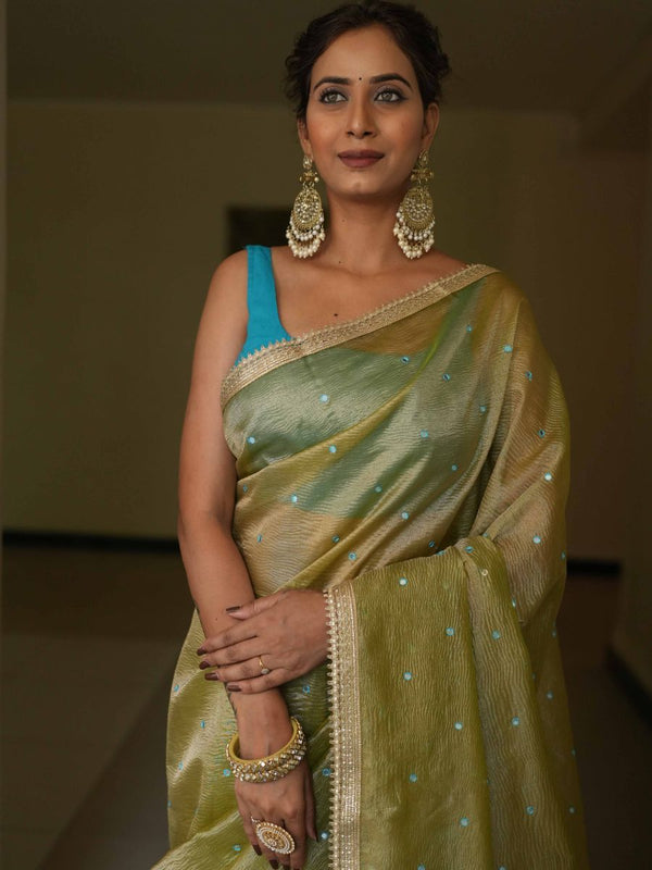 Banarasee Handwoven Mirror Work Crushed Tissue Saree With Lace With Contrast Blouse-Light Green