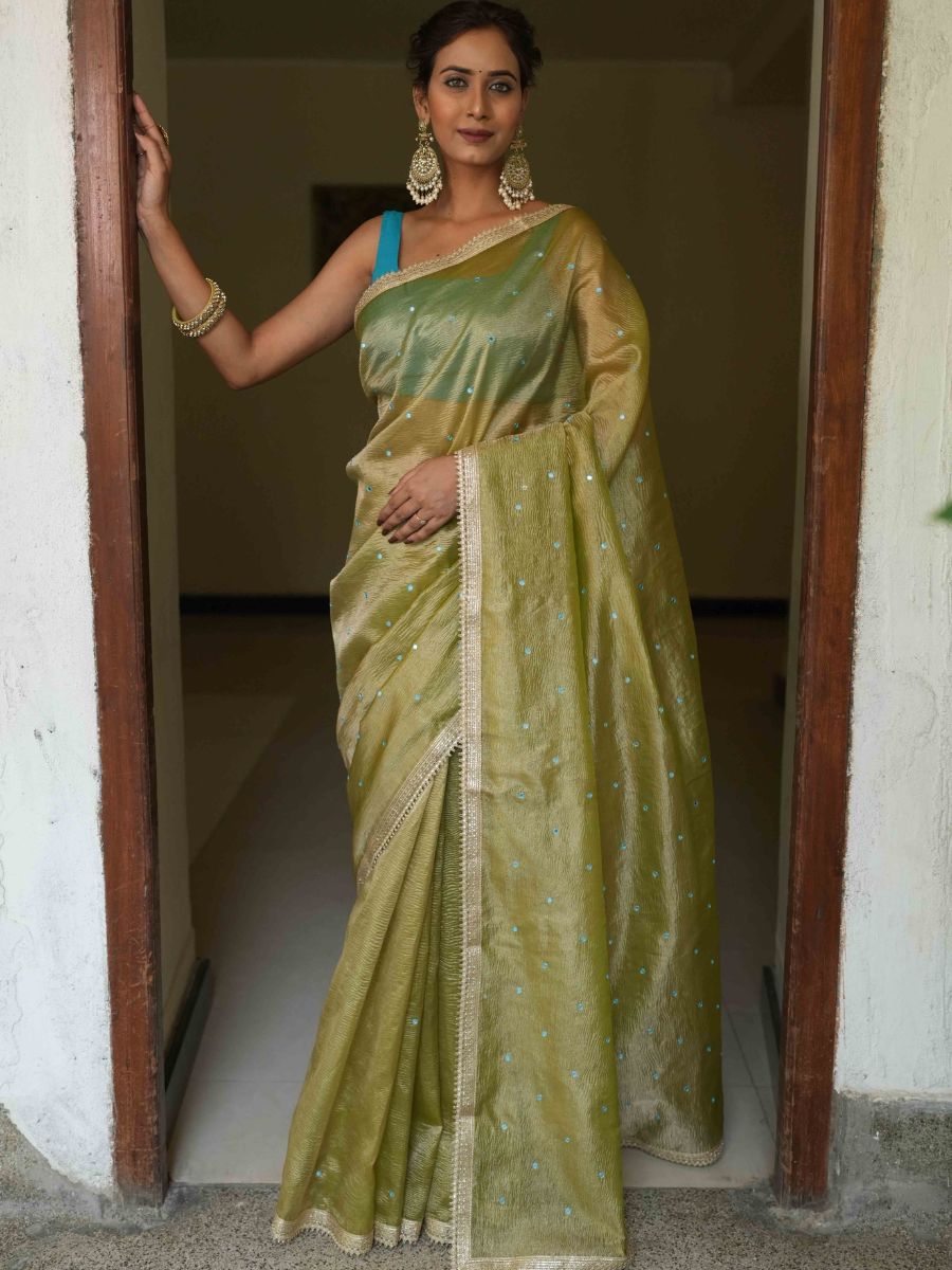 Banarasee Handwoven Mirror Work Crushed Tissue Saree With Lace With Contrast Blouse-Light Green