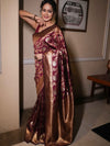 Banarasee Handwoven Semi Katan Saree With Sona Rupa Zari Jaal Design & Border-Maroon