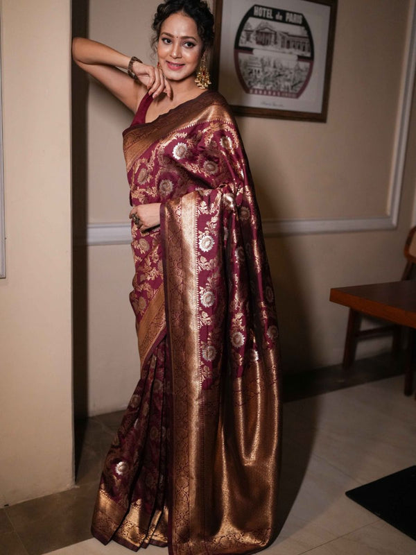 Banarasee Handwoven Semi Katan Saree With Sona Rupa Zari Jaal Design & Border-Maroon