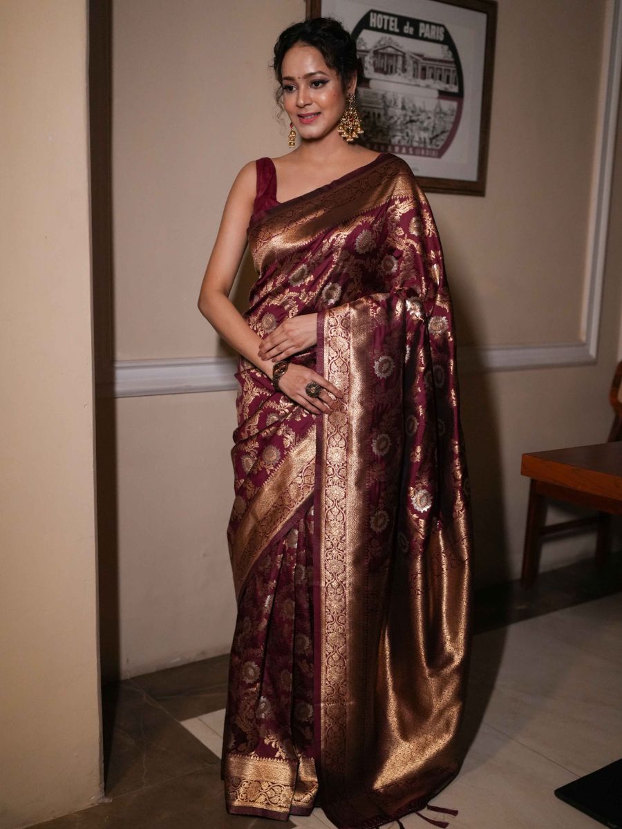 Banarasee Handwoven Semi Katan Saree With Sona Rupa Zari Jaal Design & Border-Maroon