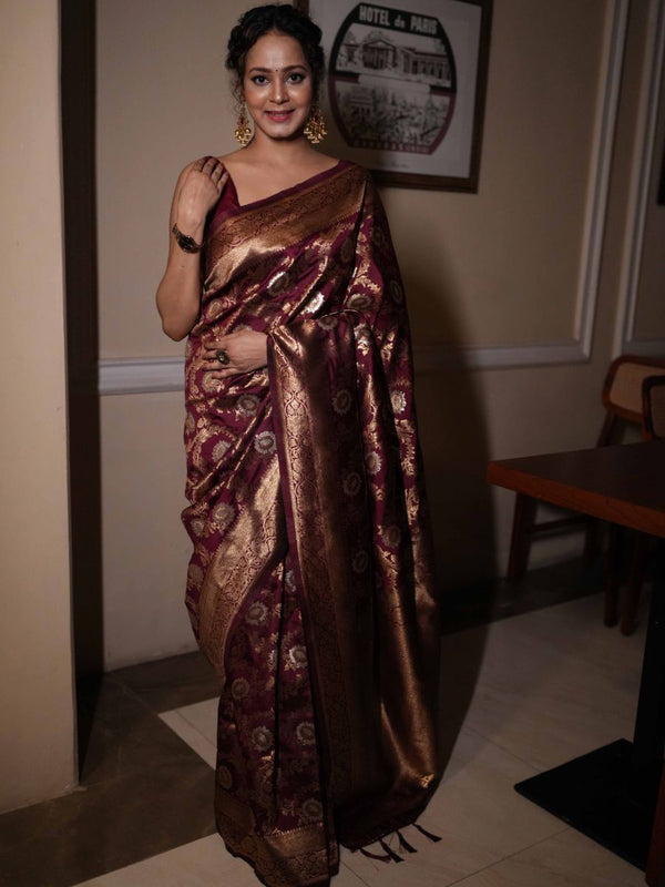 Banarasee Handwoven Semi Katan Saree With Sona Rupa Zari Jaal Design & Border-Maroon