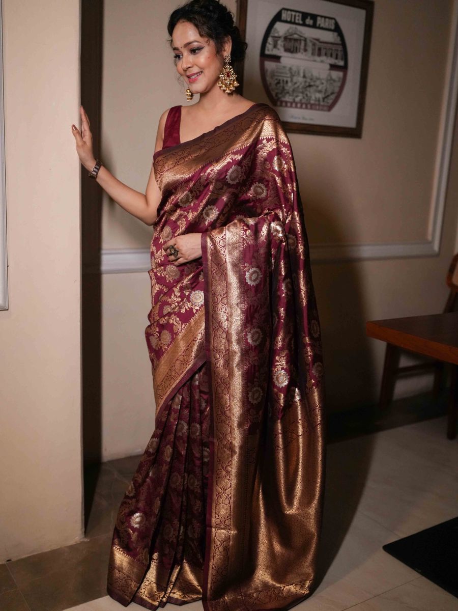 Banarasee Handwoven Semi Katan Saree With Sona Rupa Zari Jaal Design & Border-Maroon