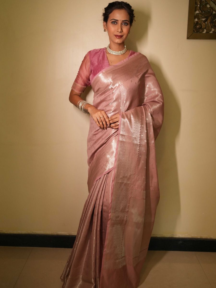 Banarasee Handwoven Tissue Saree Zari Design & Border-Onion Pink