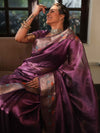 Banarasee Handwoven Plain Tissue Saree With Zari Border-Plum
