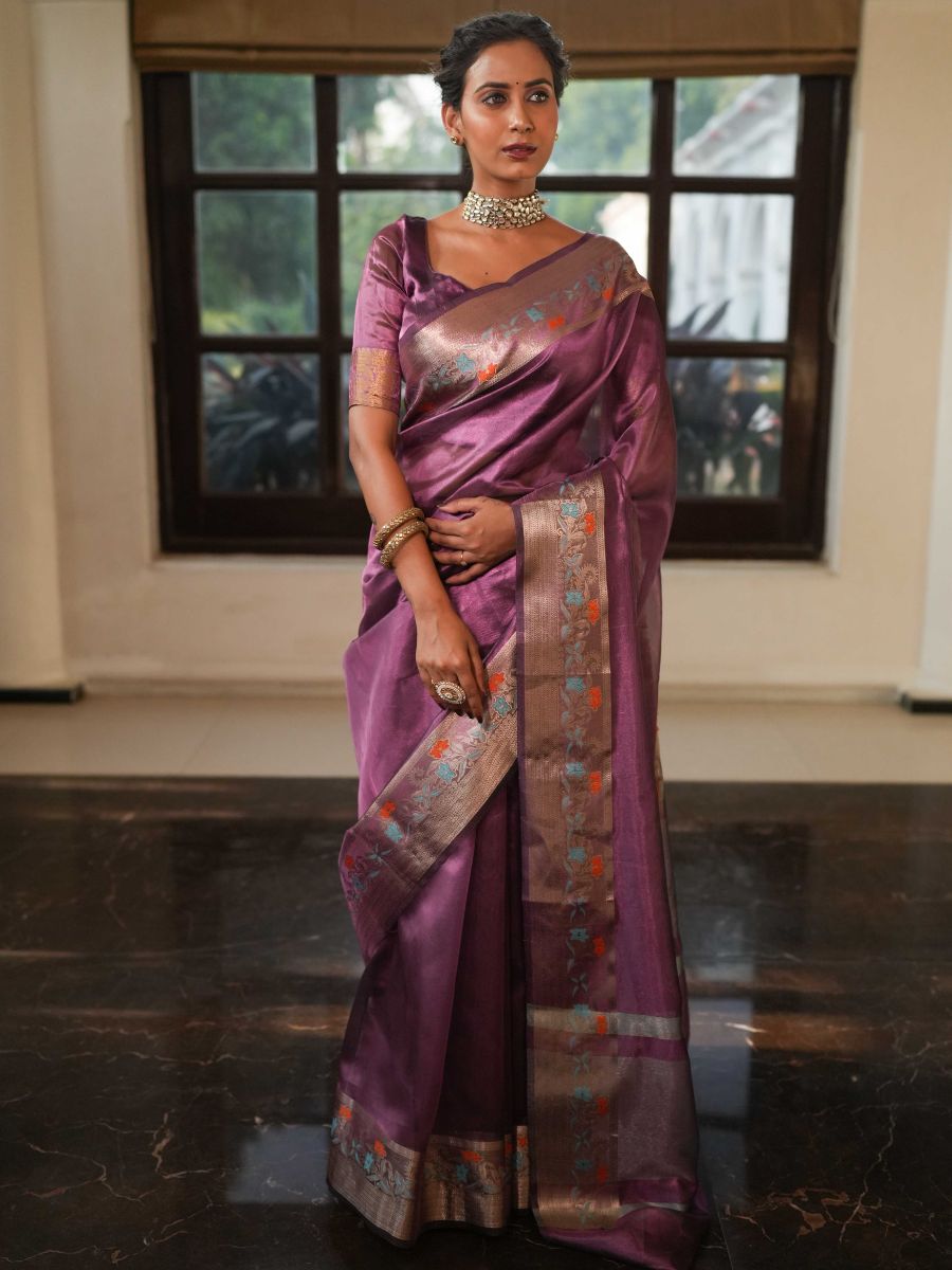 Banarasee Handwoven Plain Tissue Saree With Zari Border-Plum
