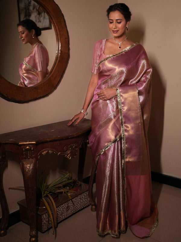 Banarasee Handwoven Tissue Saree With Zari Jaal Design & Border Lace-Pink (Dual Shade)