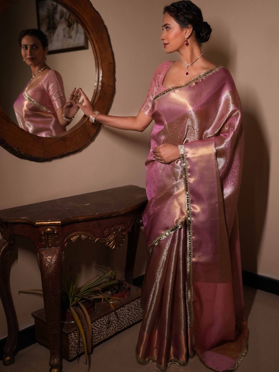 Banarasee Handwoven Tissue Saree With Zari Jaal Design & Border Lace-Pink (Dual Shade)