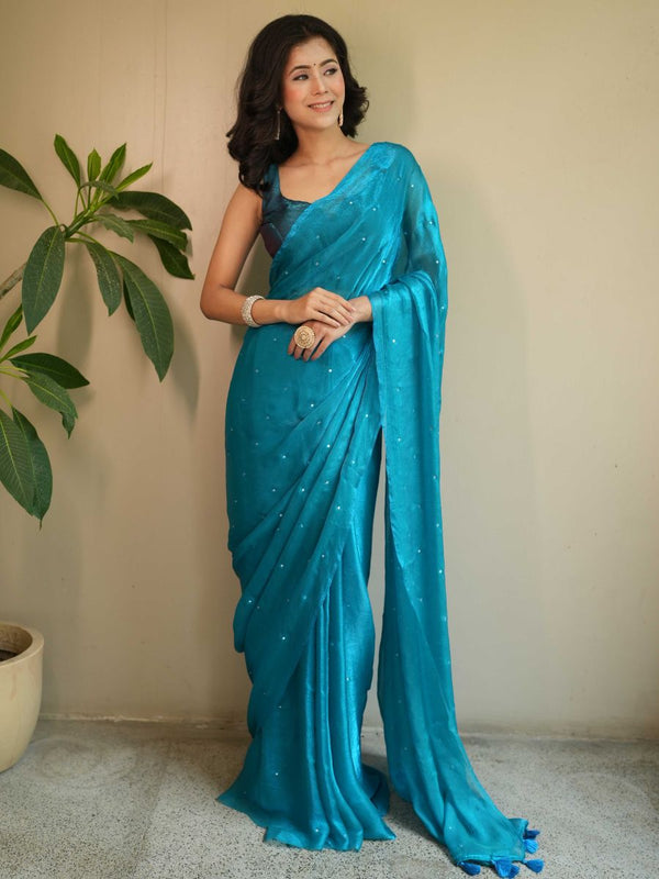 Banarasee Dual Shaded Chiffon Saree With Mirror Work-Teal Blue