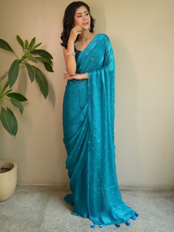 Banarasee Dual Shaded Chiffon Saree With Mirror Work-Teal Blue
