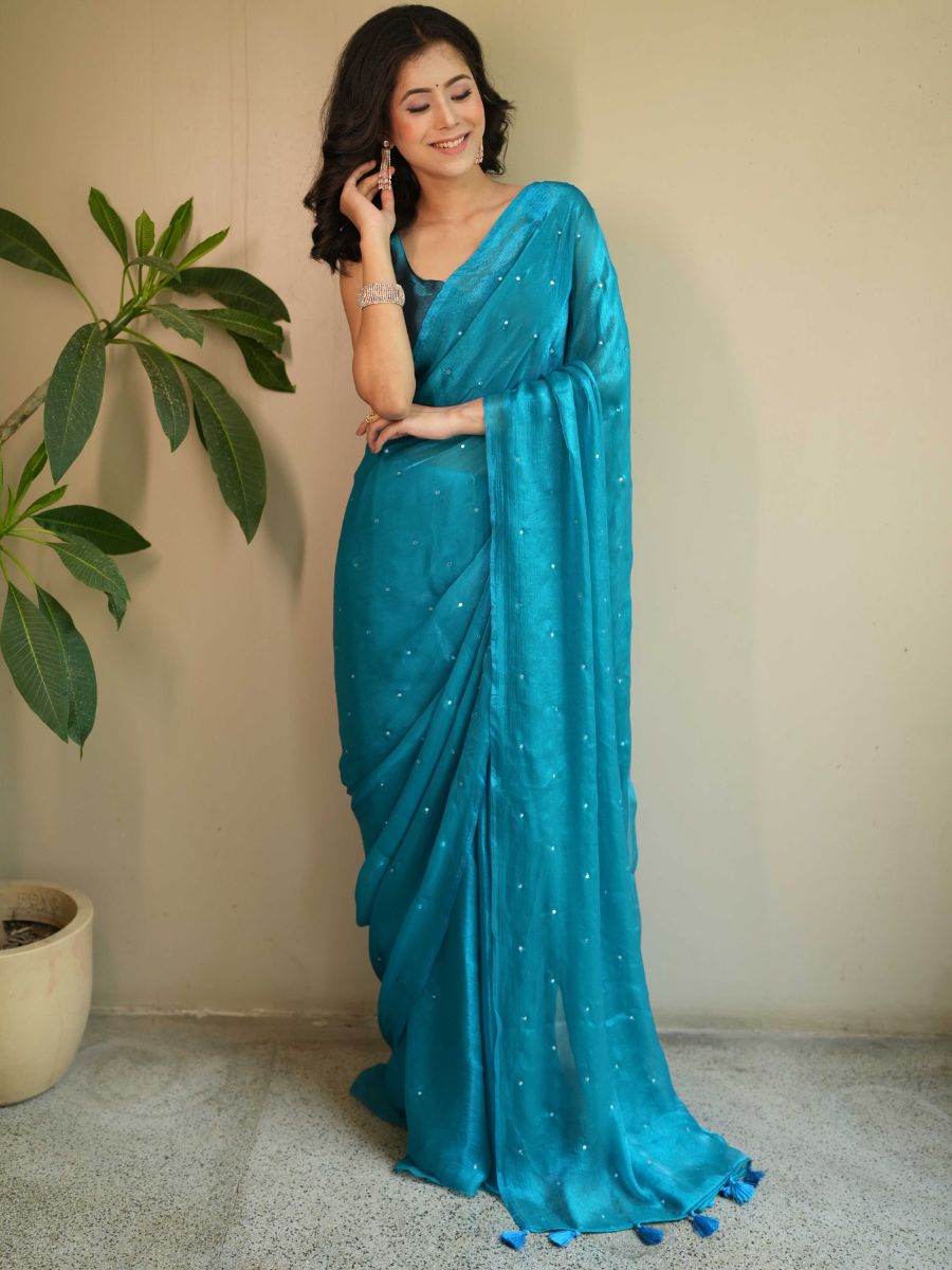 Banarasee Dual Shaded Chiffon Saree With Mirror Work-Teal Blue
