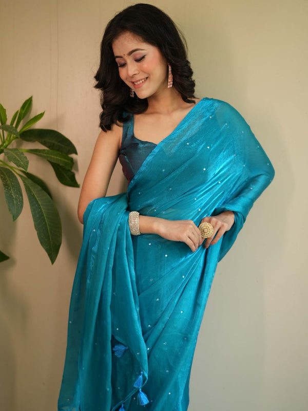 Banarasee Dual Shaded Chiffon Saree With Mirror Work-Teal Blue