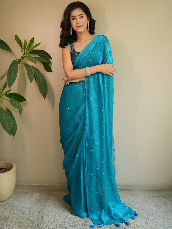 Banarasee Dual Shaded Chiffon Saree With Mirror Work-Teal Blue