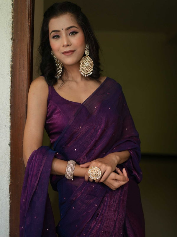 Banarasee Dual Shaded Chiffon Saree With Mirror Work-Violet