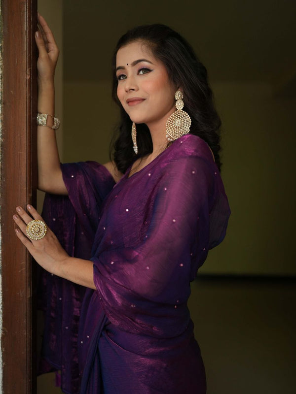 Banarasee Dual Shaded Chiffon Saree With Mirror Work-Violet