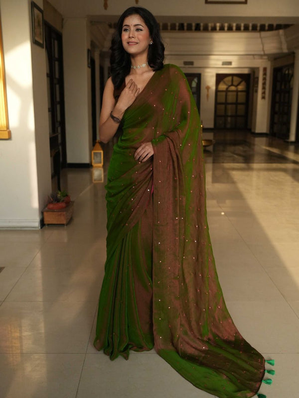 Banarasee Dual Shaded Chiffon Saree With Mirror Work-Green