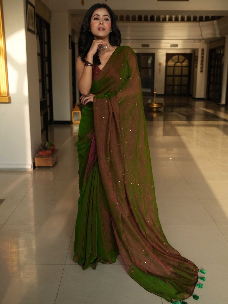 Banarasee Dual Shaded Chiffon Saree With Mirror Work-Green
