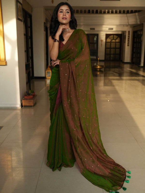 Banarasee Dual Shaded Chiffon Saree With Mirror Work-Green