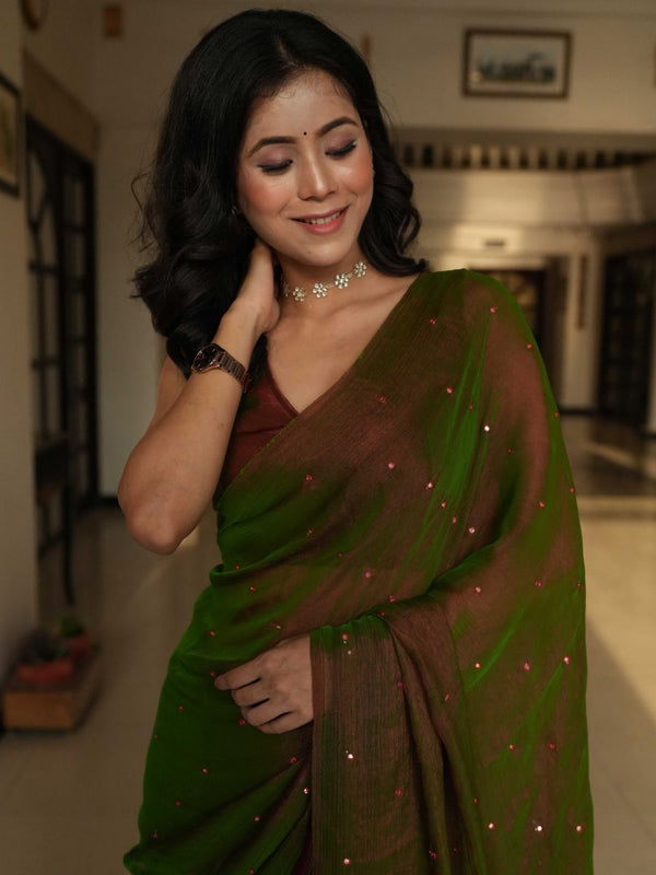 Banarasee Dual Shaded Chiffon Saree With Mirror Work-Green