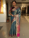 Banarasee Handwoven Tissue Saree With Zari Buti Design & Border Lace-Blue & Magenta