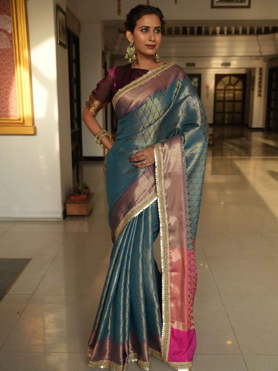 Banarasee Handwoven Tissue Saree With Zari Buti Design & Border Lace-Blue & Magenta