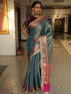 Banarasee Handwoven Tissue Saree With Zari Buti Design & Border Lace-Blue & Magenta