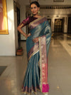 Banarasee Handwoven Tissue Saree With Zari Buti Design & Border Lace-Blue & Magenta