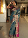 Banarasee Handwoven Tissue Saree With Zari Buti Design & Border Lace-Blue & Magenta