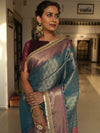 Banarasee Handwoven Tissue Saree With Zari Buti Design & Border Lace-Blue & Magenta
