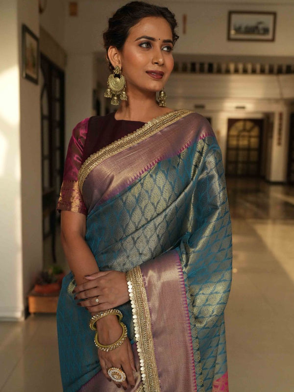 Banarasee Handwoven Tissue Saree With Zari Buti Design & Border Lace-Blue & Magenta