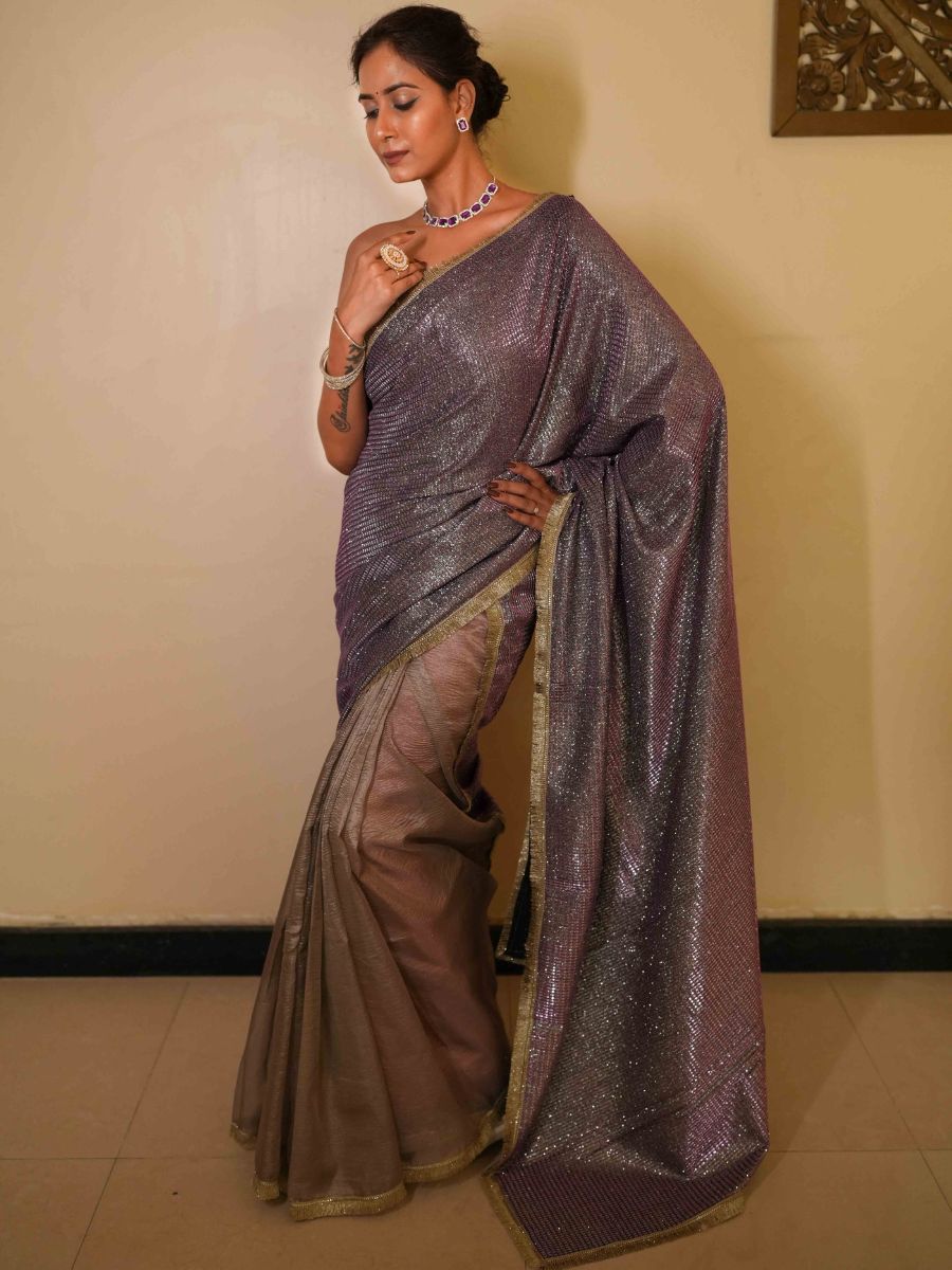 Banarasee Handwoven Tissue Saree With Lace Border-Purple