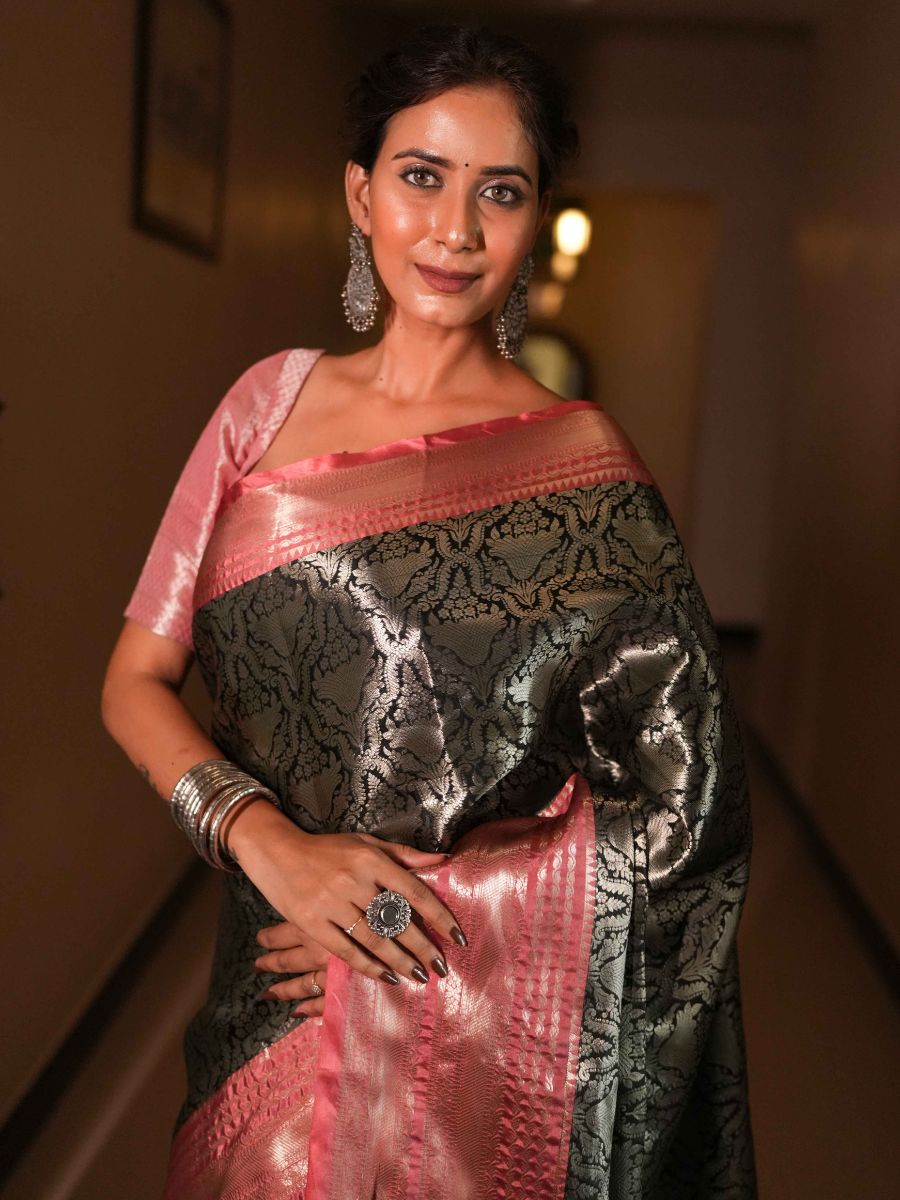 Banarasee Handwoven Tissue Saree Zari Design & Border-Black & Peach