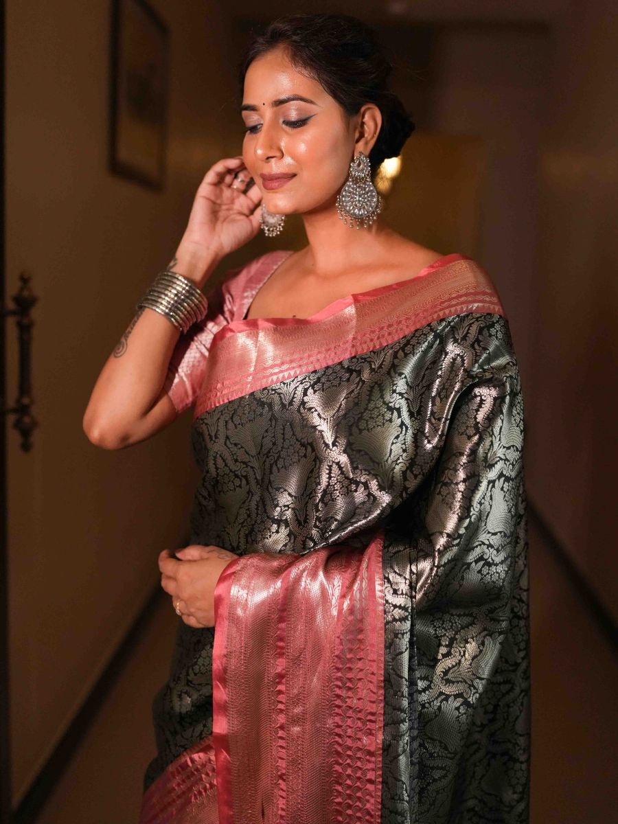 Banarasee Handwoven Tissue Saree Zari Design & Border-Black & Peach