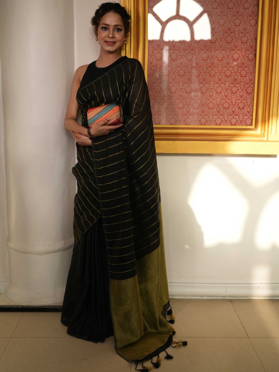Bhagalpur Handloom Pure Linen Cotton Saree-Black